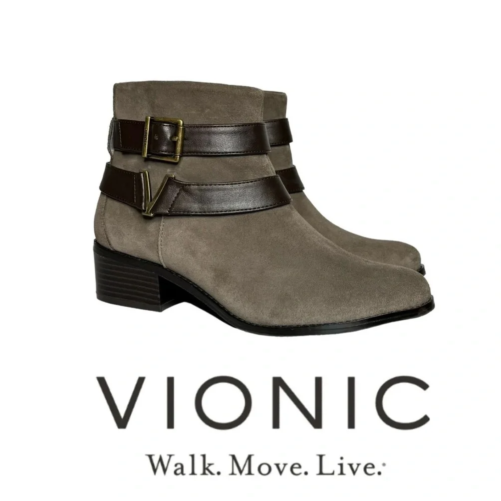 Vionic Hope Mana Suede Ankle Booties Size 7.5 Orthoheel Weather Repellent Greige